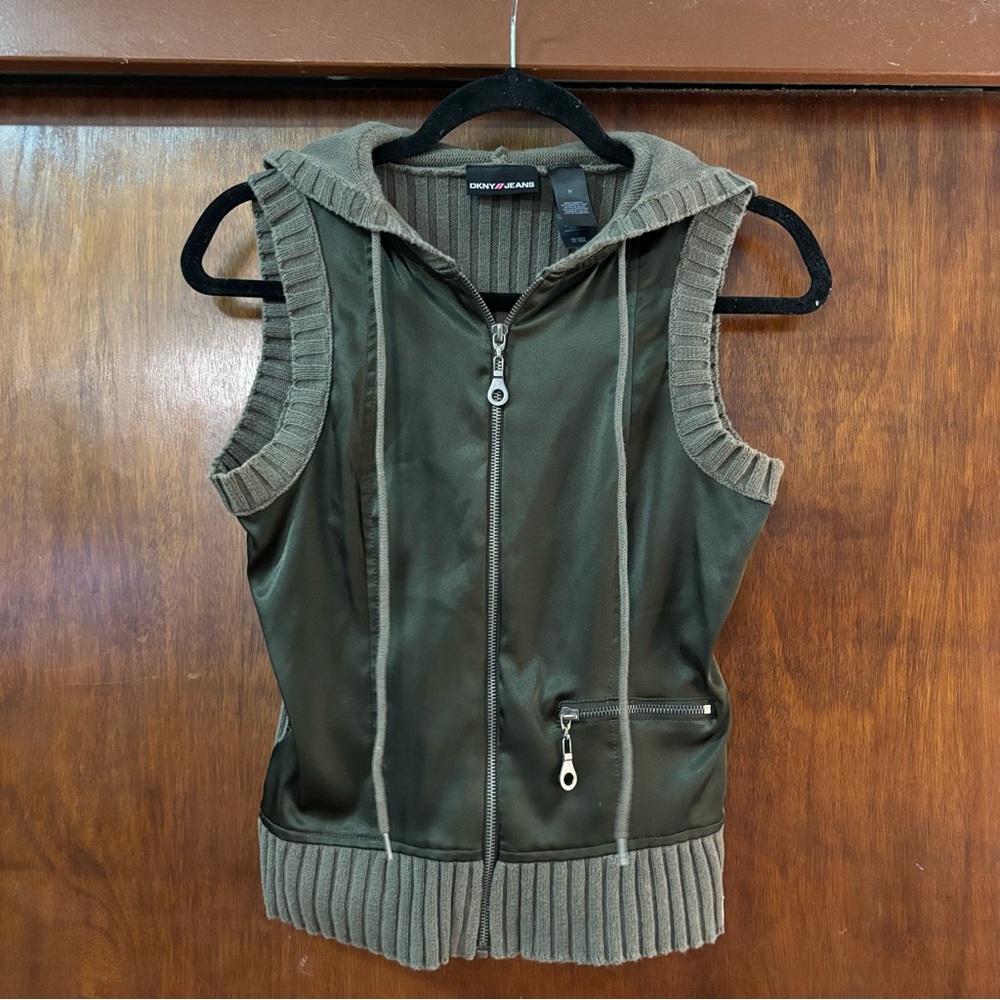 DKNY Jeans Knitted Satin Hooded Vest Hunter Green size M